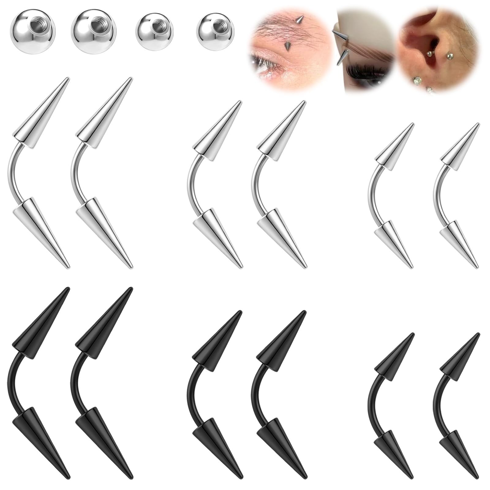 16G Spike Eyebrow Piercing Jewelry, Curved Barbell Eyebrow Tragus Lip Rings w...