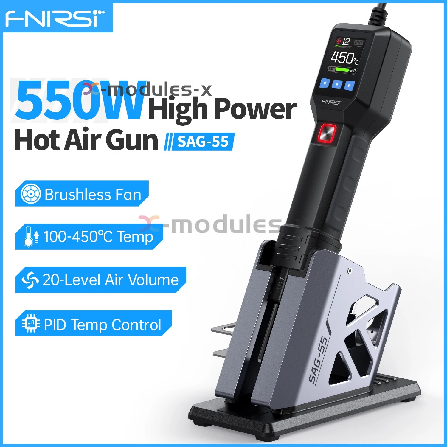 FNIRSI SAG-55 Digital Micro Hot Air Gun 550W w/ Stand, Rework Soldering Heat Gun