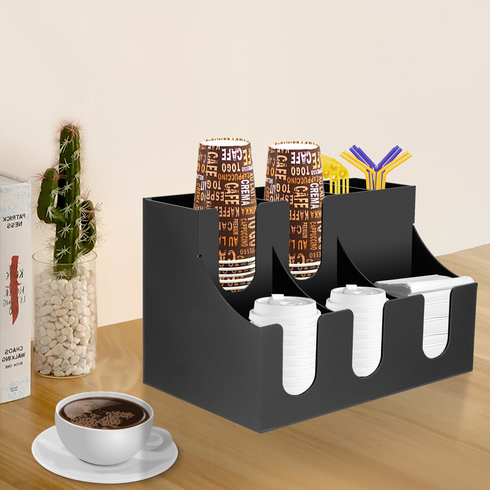 Black Acrylic Cup & Condiment Dispenser 4 Cup Holders Straw Towel Rack