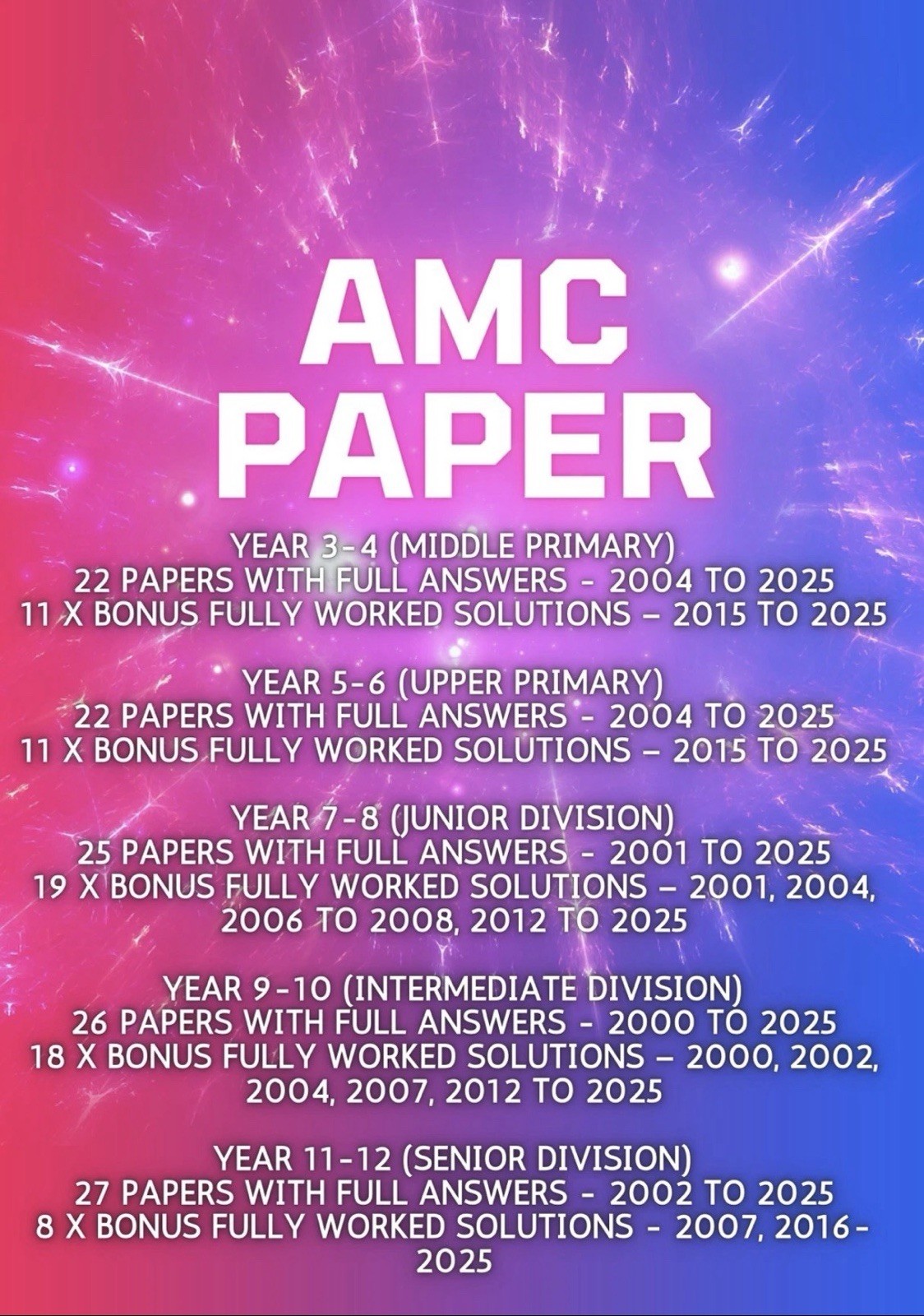 AMC Year 3-12 Up To 2025 Paper Pack Study Resource Paper+Ans Exam Practice ICAS
