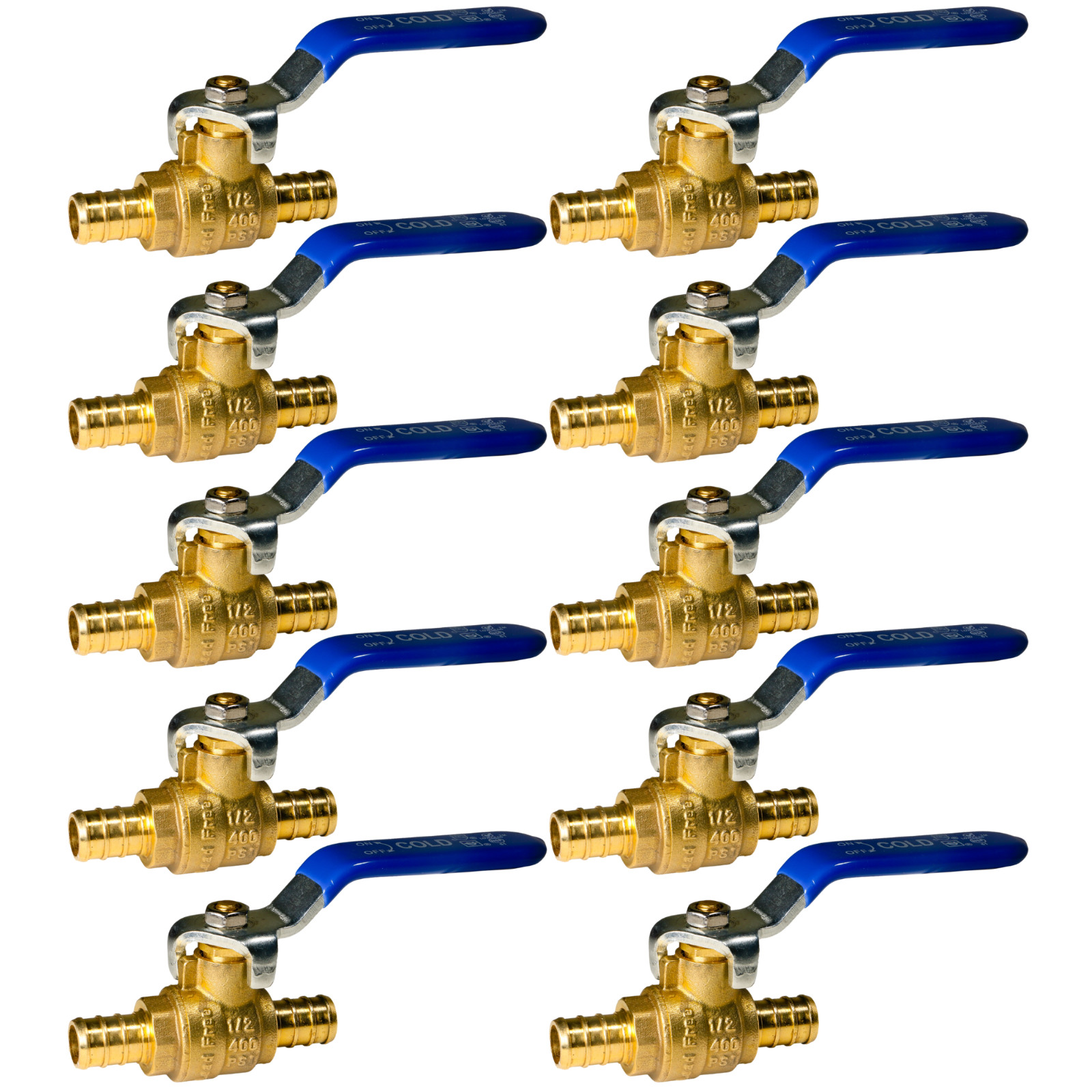 10 Pack XFITTING 1/2" Pex B Cold Ball Valve , Full Port , Lead Free Brass , Blue