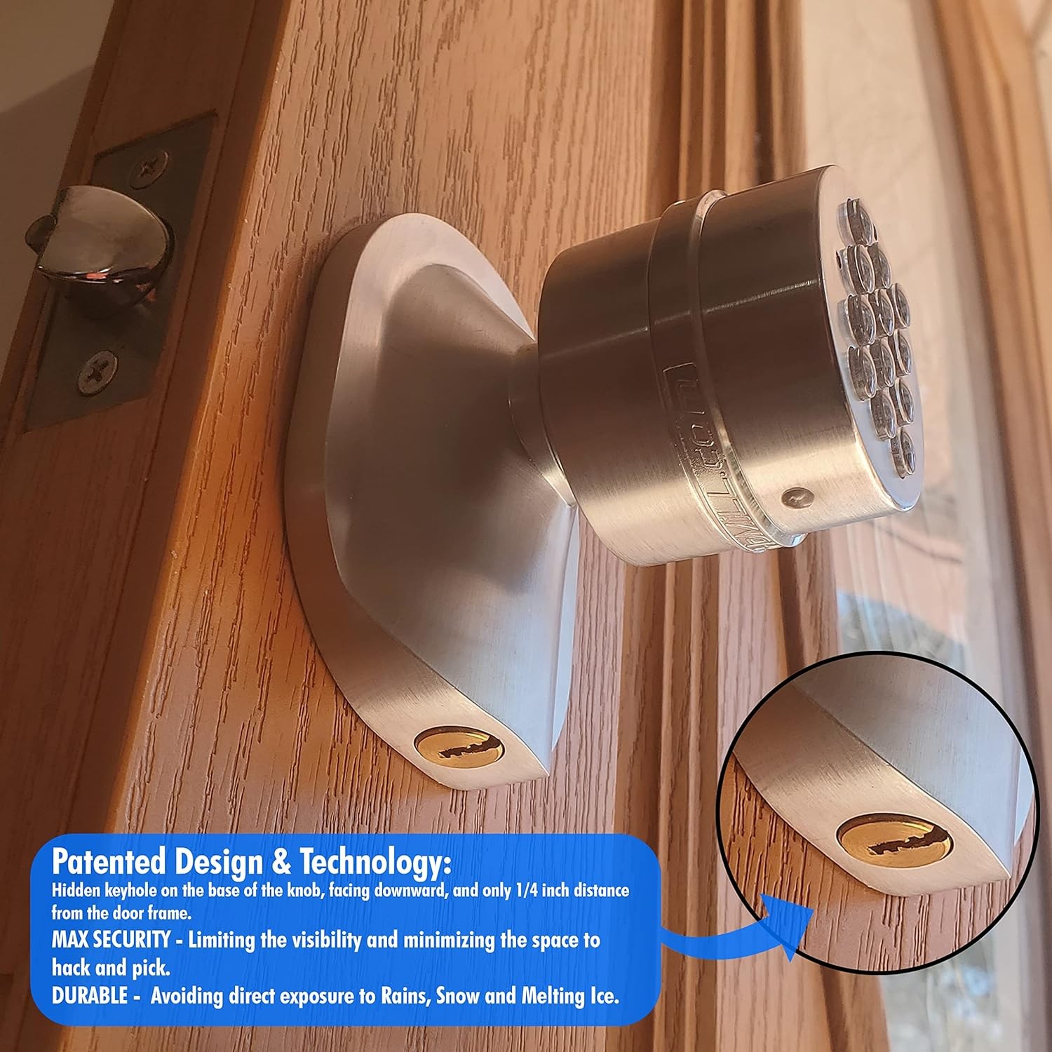 Keypad Door Knob Lock Auto-Lock 3 sec 8 User Codes Master Code LED Backlit Key