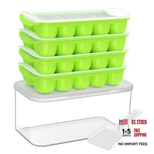 Ice Cube Tray with Lid and Bin - 4 Pack Ice Bucket Kits, Stackable Green