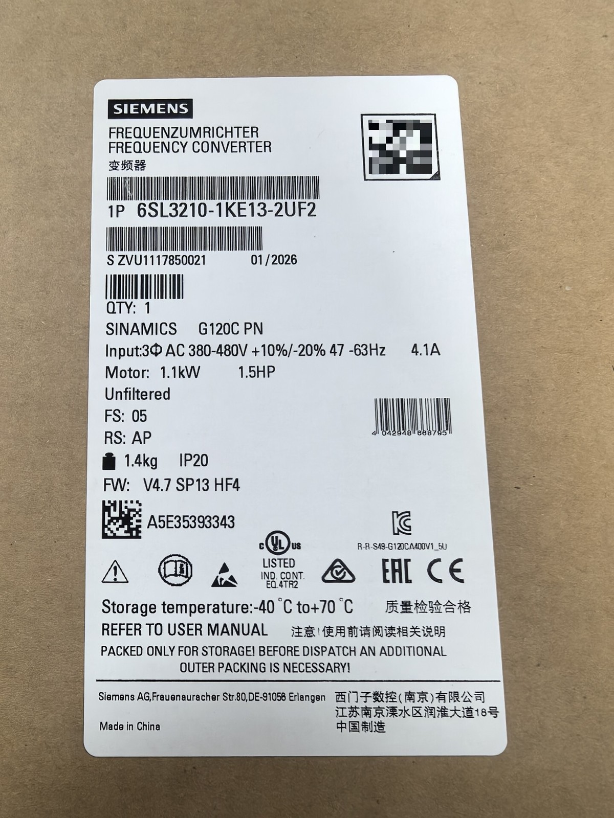 New Siemens 6SL3210-1KE13-2UF2 VFD Industrial Automation Fast Shipping