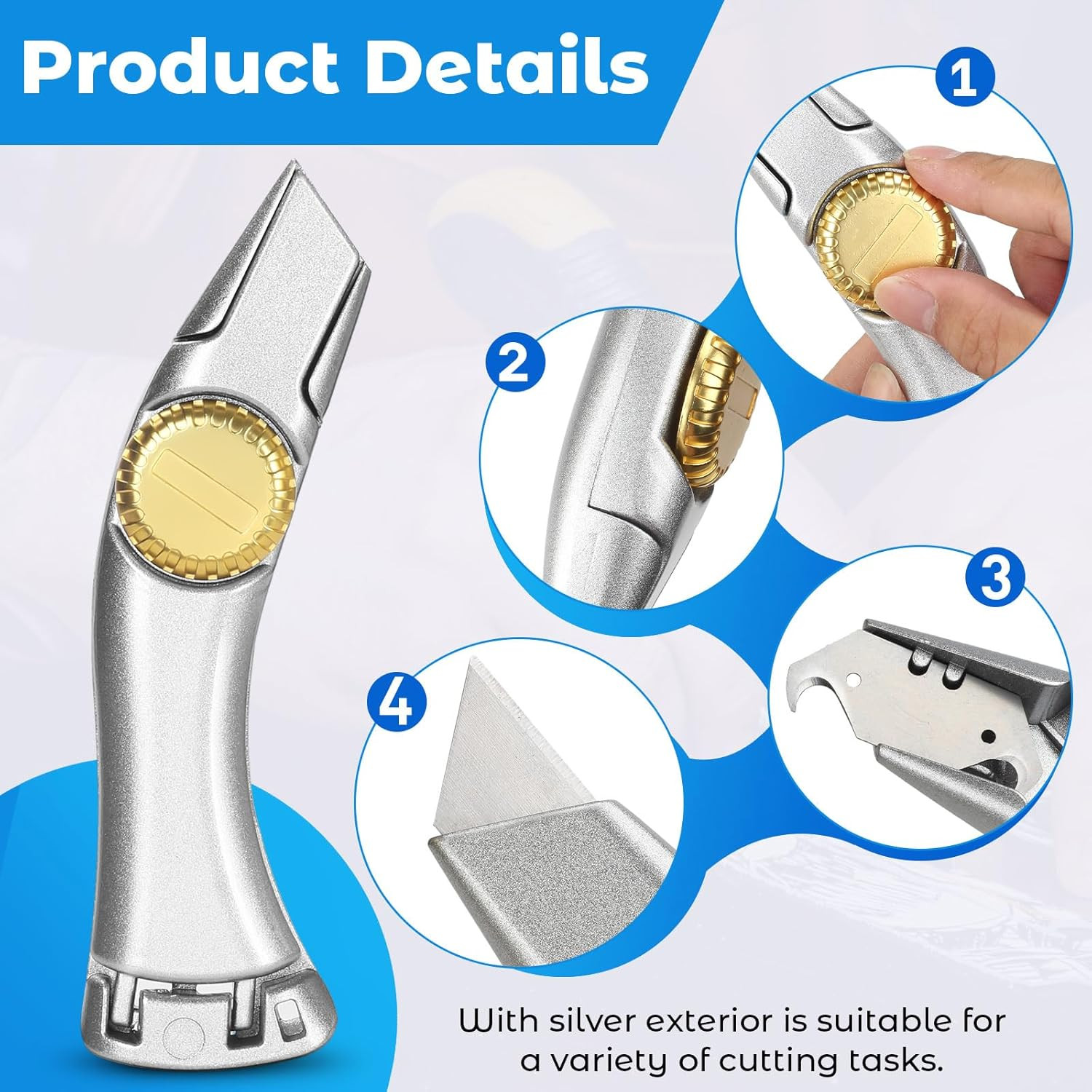 2PCS Silver Fixed Blade Roofing Knife Utility Knife with 3 Functions for 6 Bl...