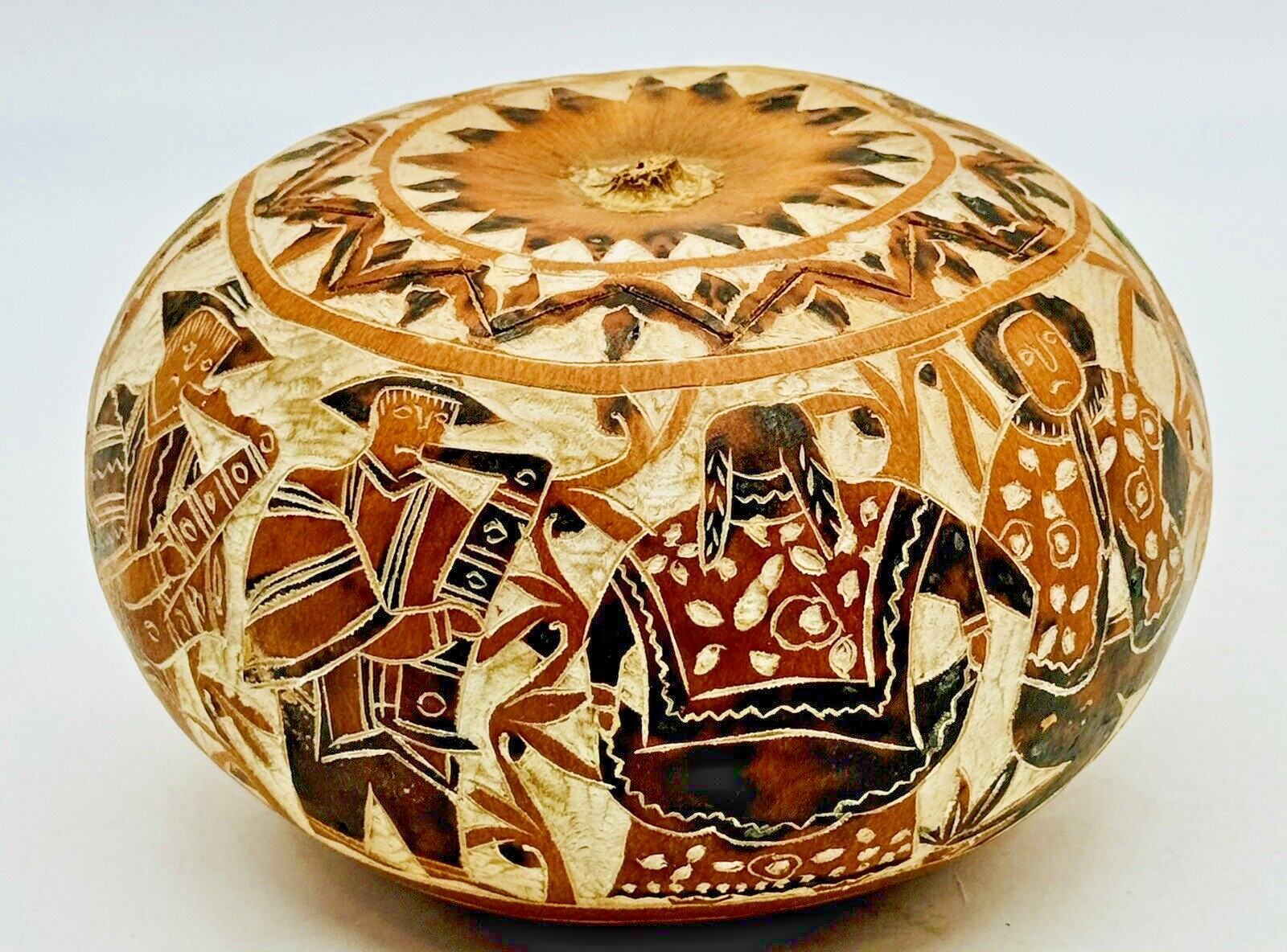 Folk Art Peru Storyteller Gourd Hand Carved Village Musicians Medium 5 inch