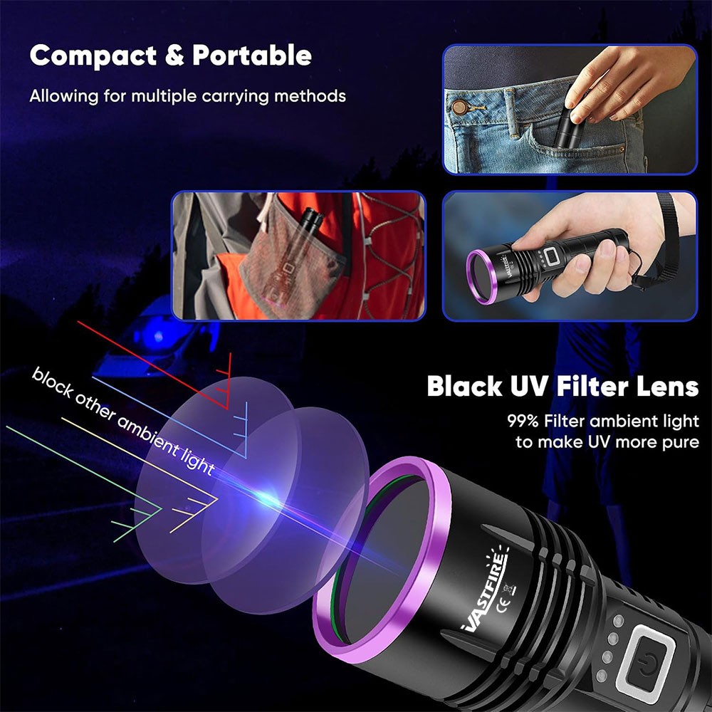 365nm UV Light Work LED Flashlight urine scorpion Detector Torch USB Charging