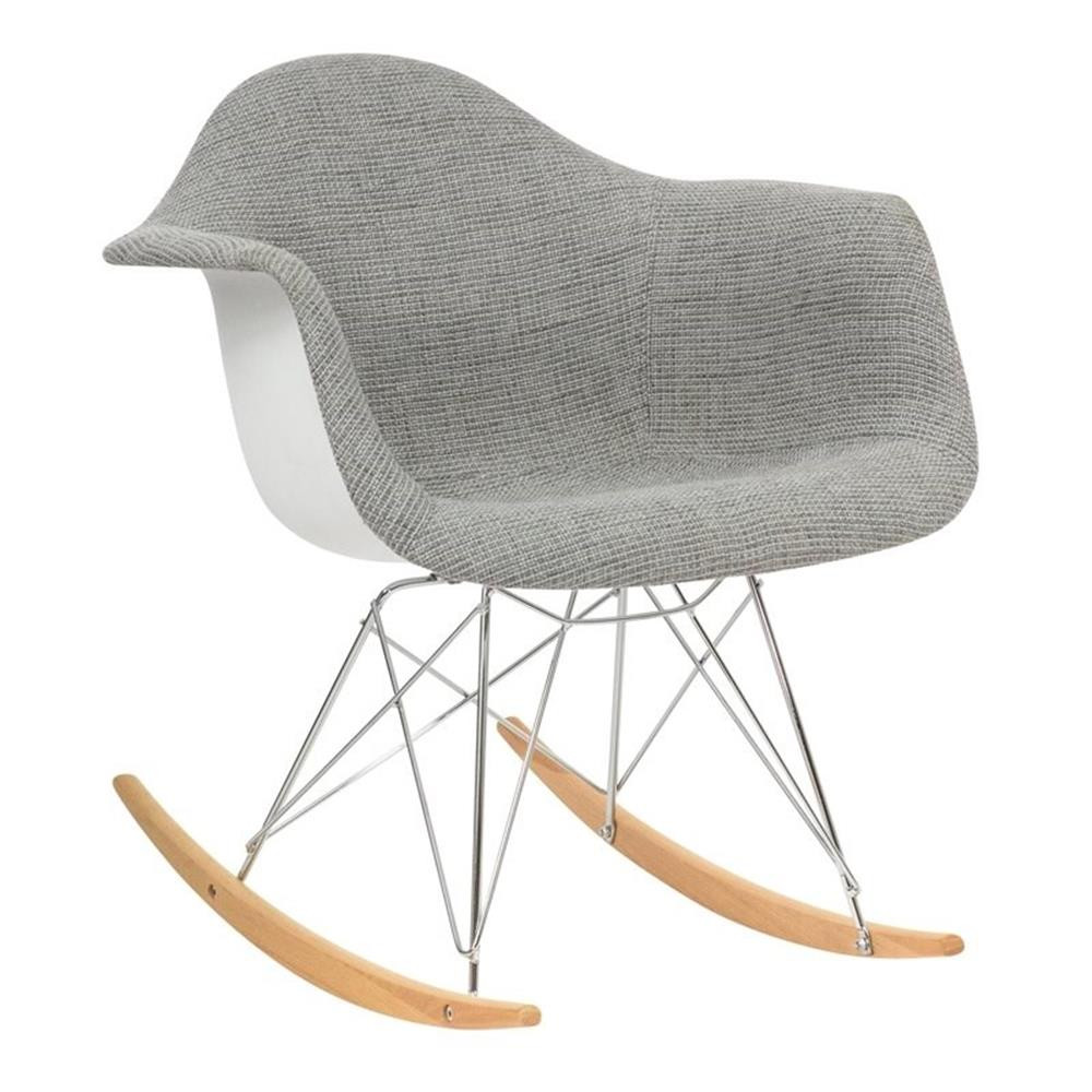 LeisureMod Mid-Century Wilson Gray Twill Fabric Eiffel Base Rocking Chair