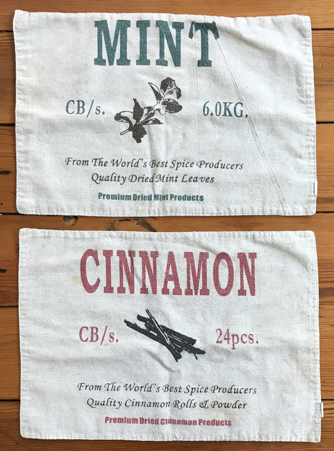 Set Pair Vtg Style Mint Cinnamon Spice Bag Hand Towels Placemats Napkins 17"x12"