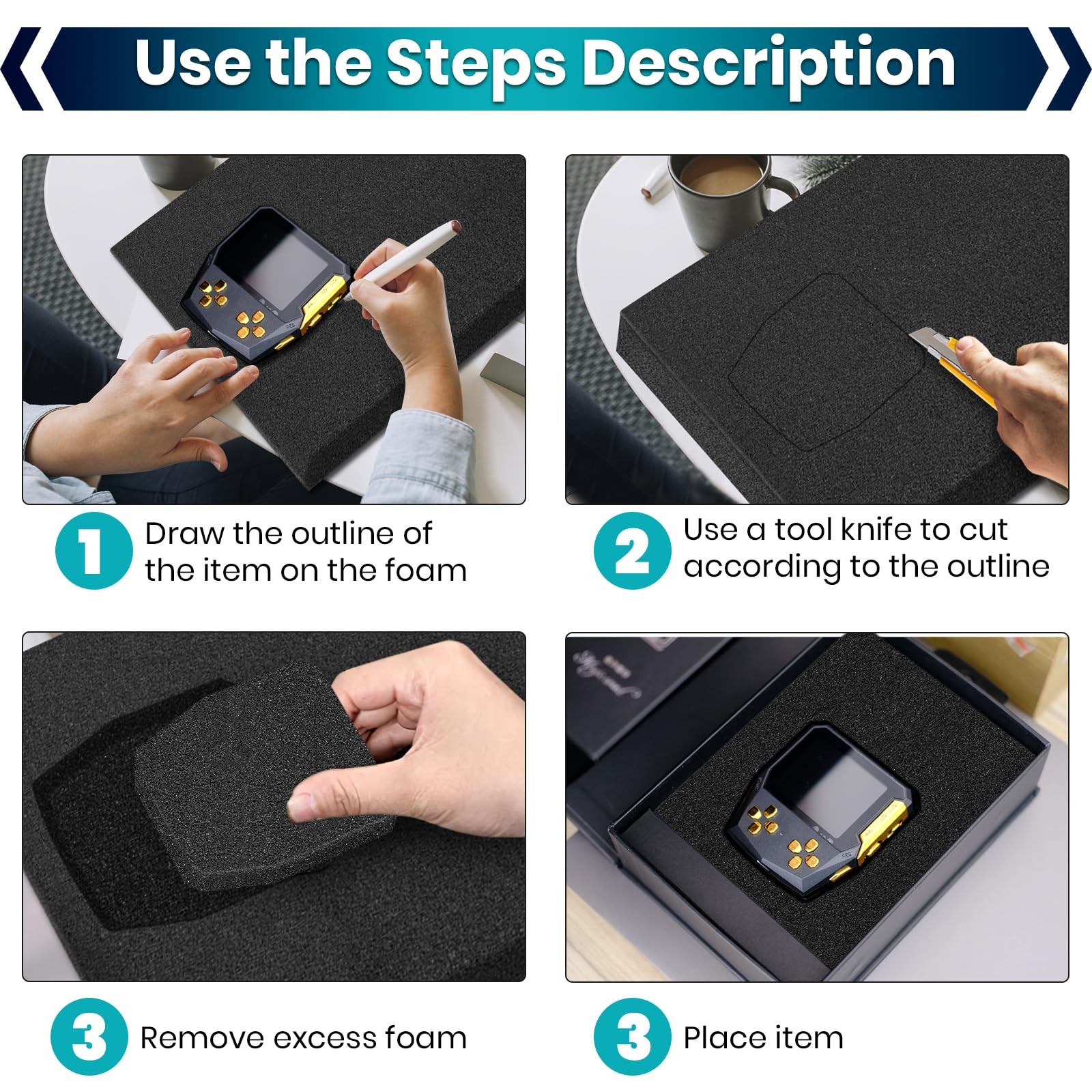6 Pcs 16x12x1.5 Inches Polyurethane Foam Packing Inserts Black