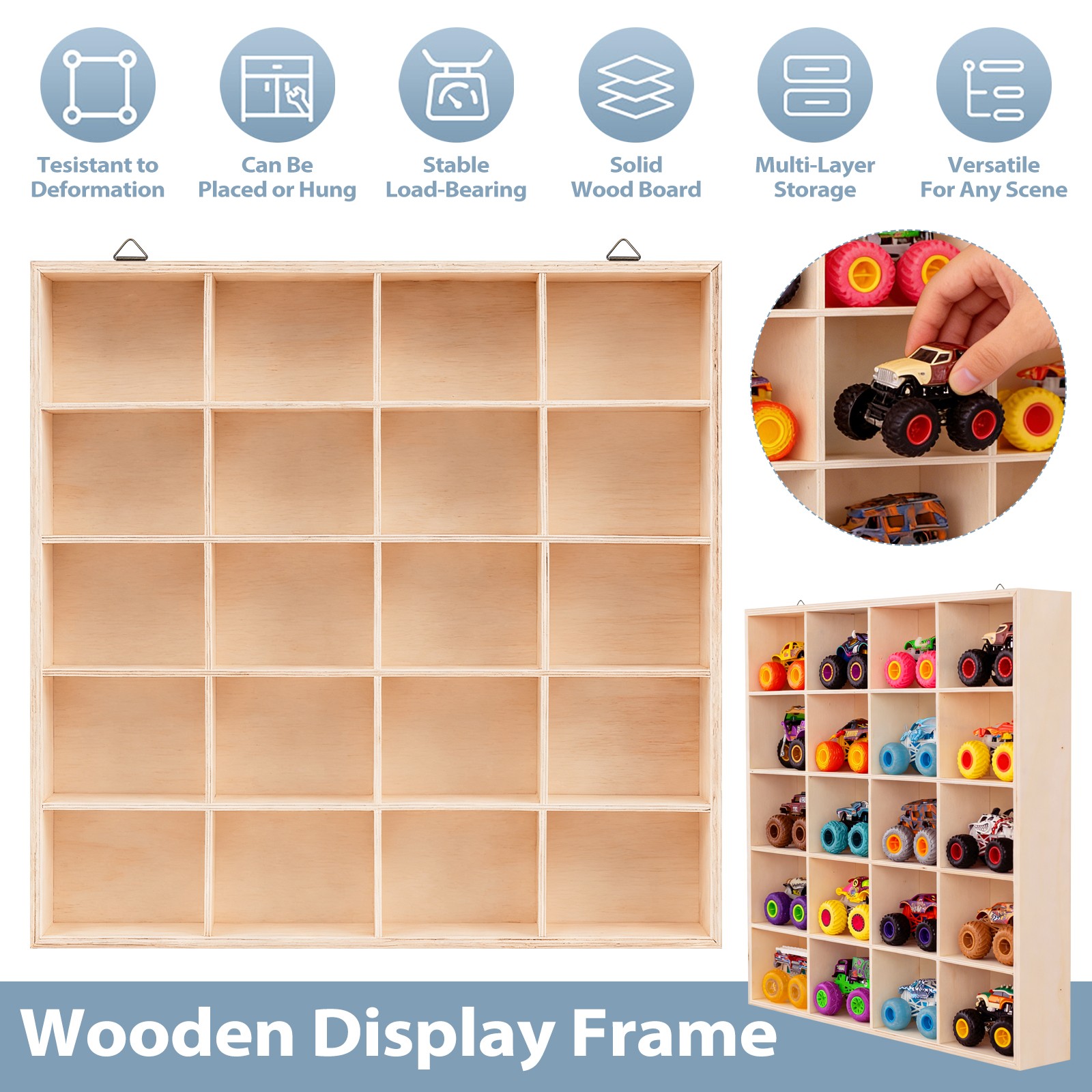 Wood Display Case 20-Slot Organizer for Monster Trucks Storage Wall-Mountable