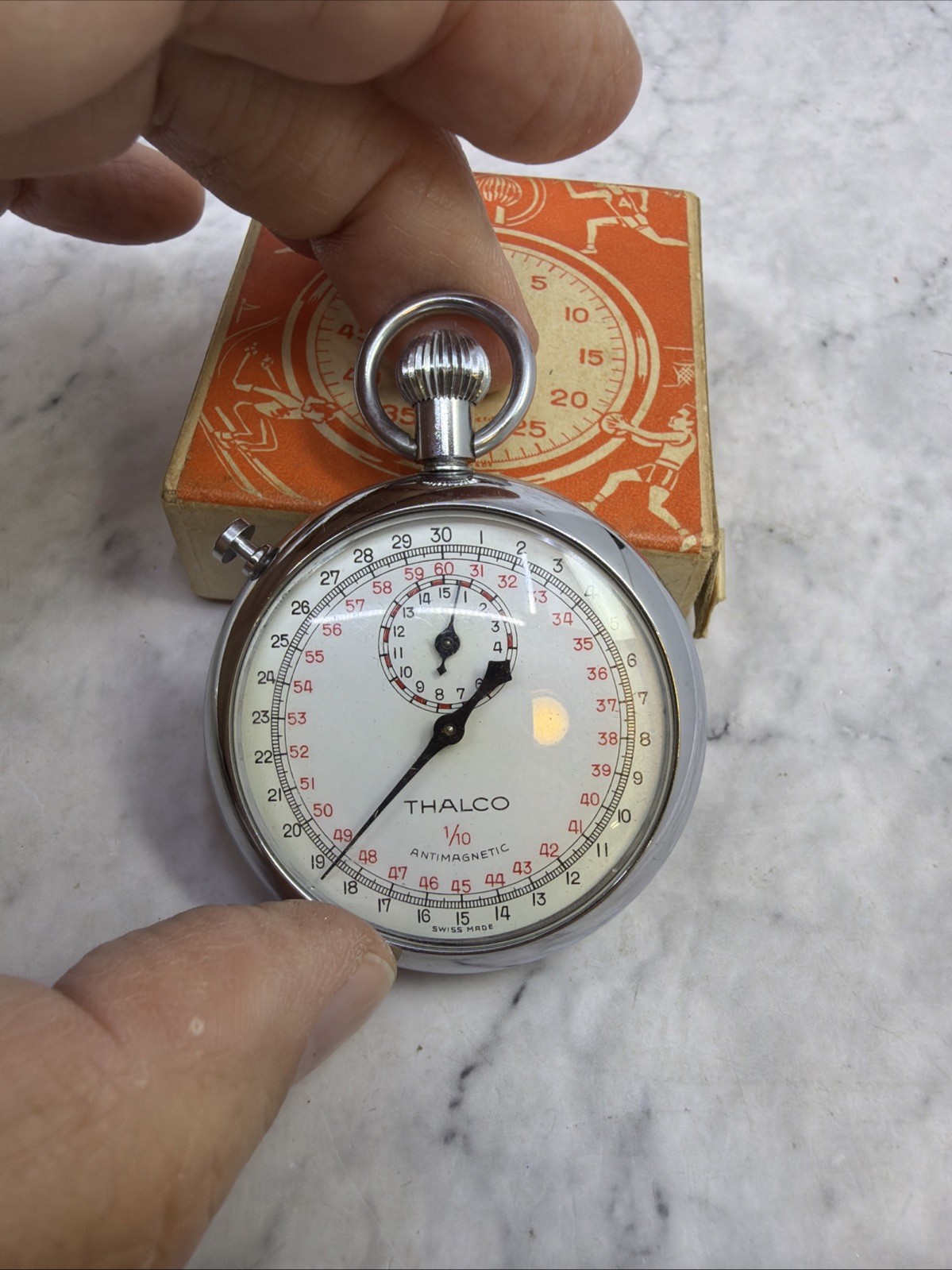 Vintage THALCO Stopwatch 1/10 Sec. Antimagnetic 795 Manual Wind Works. SWISS