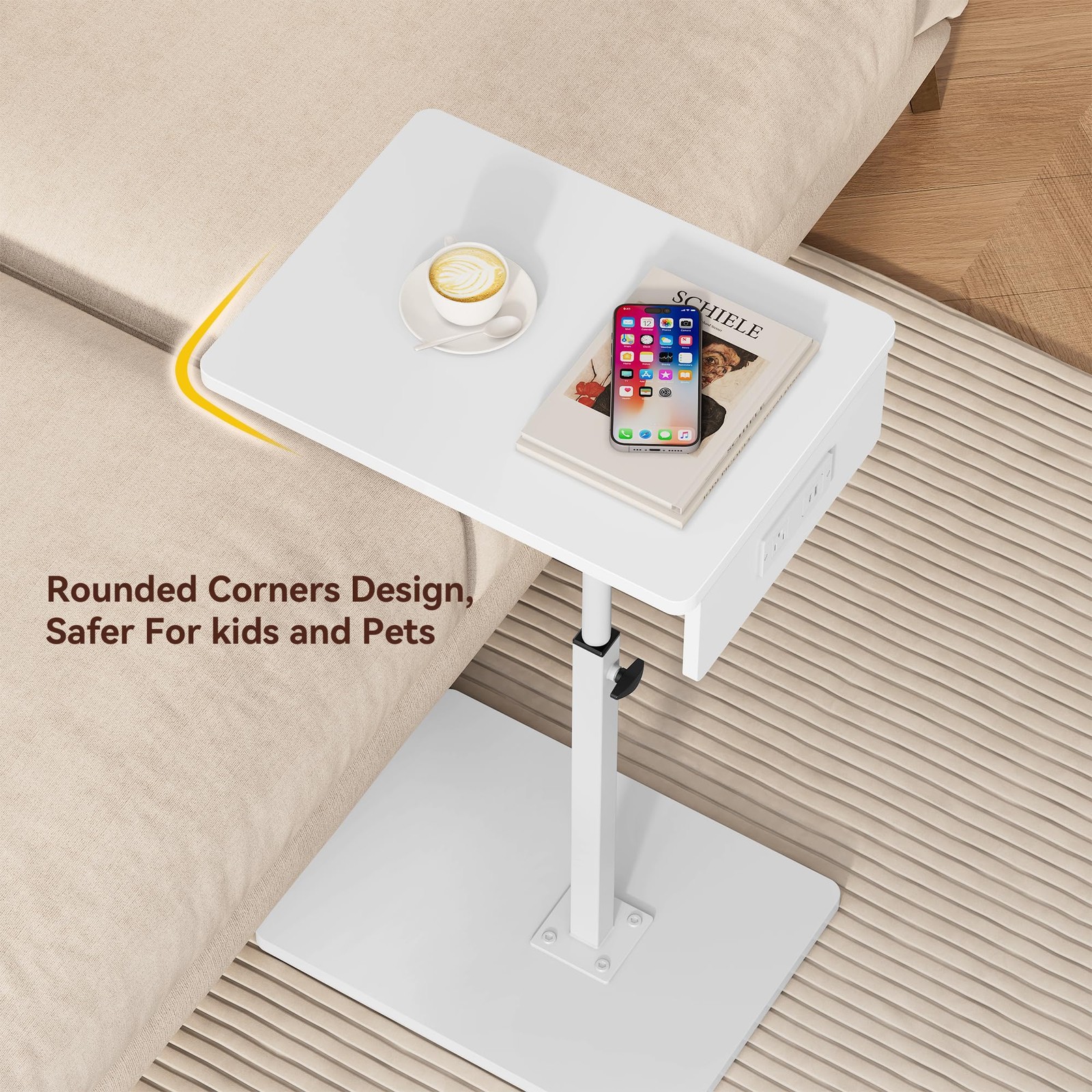C Shaped End Table with Charging Station, Adjustable Height C Table End Table...