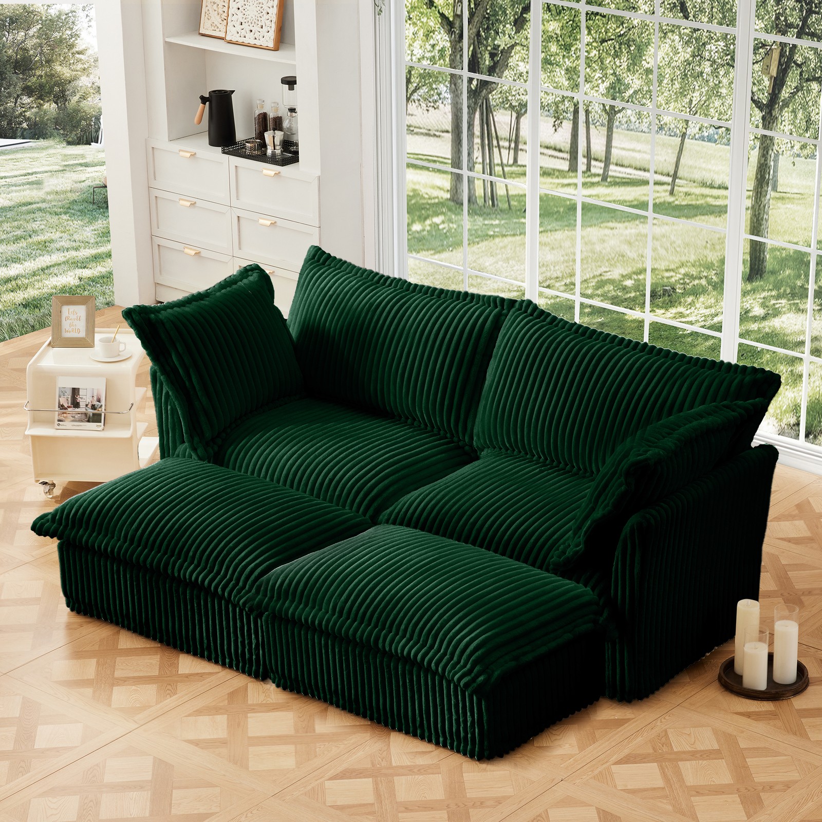 Convertible 2-Seater Sleeper Sofa w/ Ottomans, Corduroy Green, Free Assembly