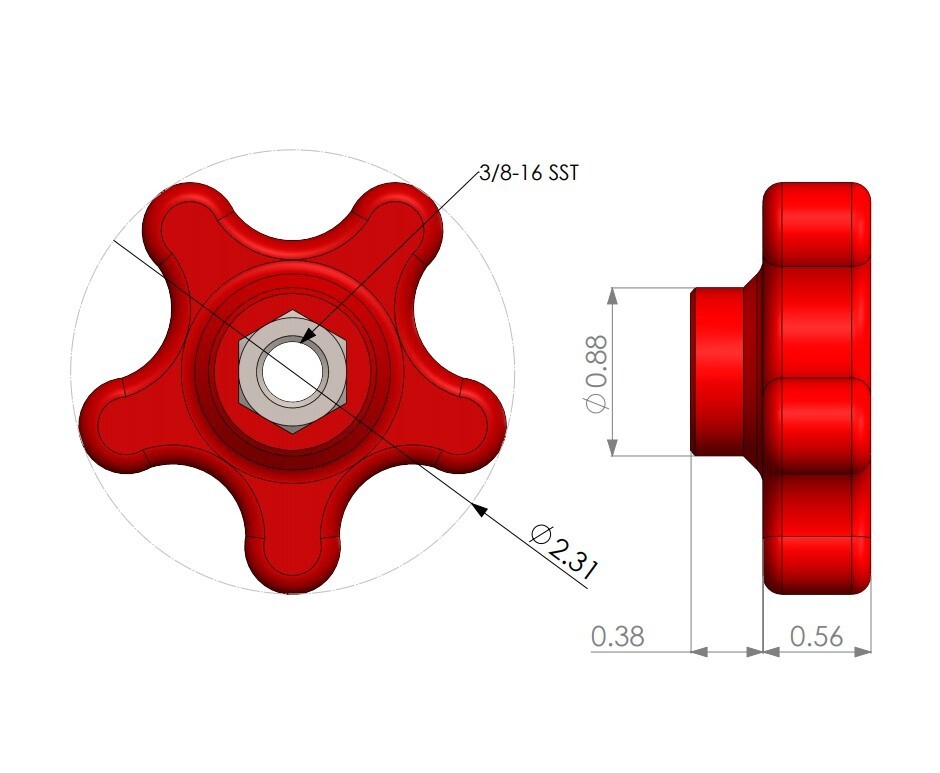 3/8-16, 2-5/16", 5 Star Knob Red (2 pack) Thermoplastic, Stainless Insert