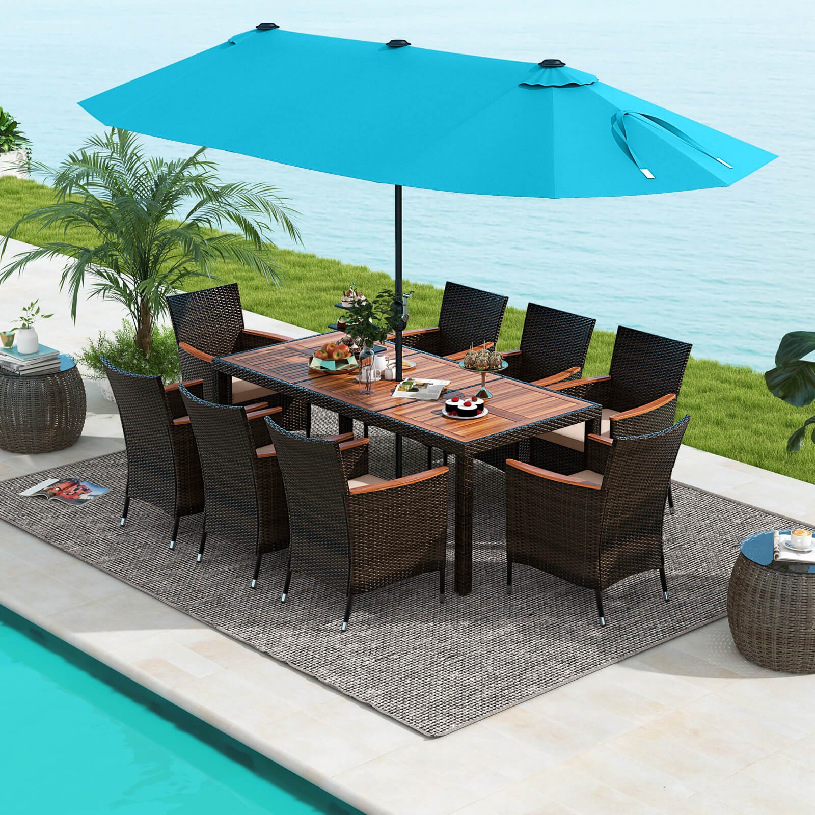 11PCS Patio Dining Set w/ 15ft Double-Sided Patio Umbrella (Base Included)