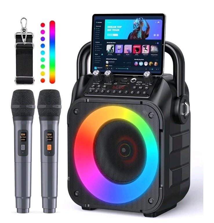 Karaoke Machine, Portable Bluetooth Speaker with 2 Wireless Microphones for...
