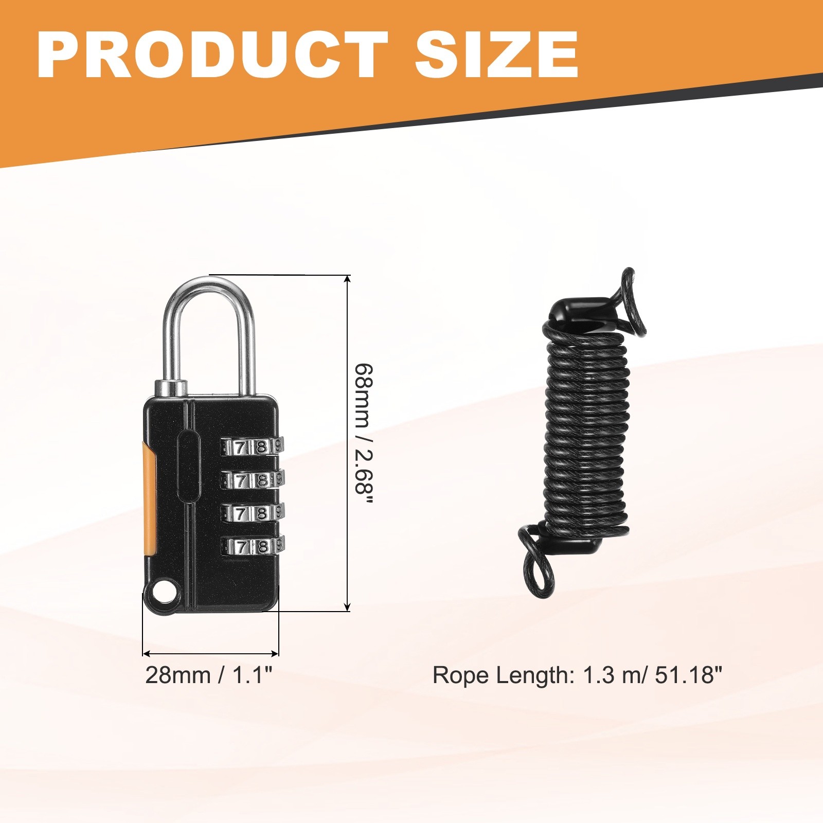 Luggage Lock, 4 Digit Combination Padlock with Flexible Black Cable (130cm)