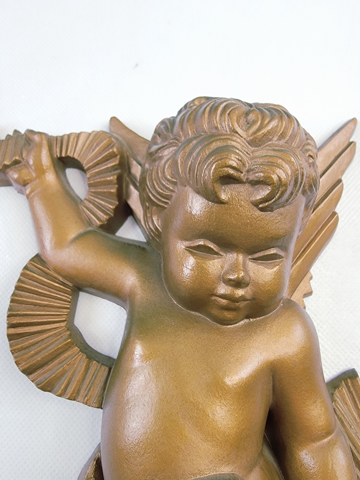 1980 Burwood New Haven #2481 21" Ornate Gold Hanging Wall Clock & 2 1970 Cherubs