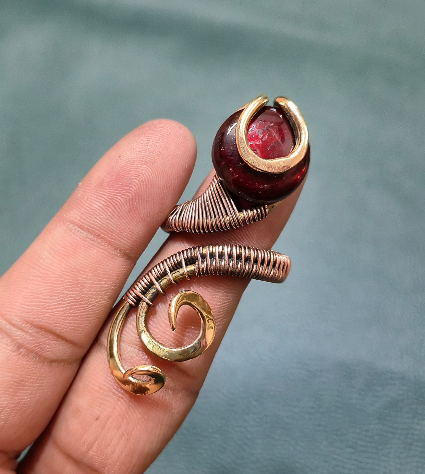 Red Fire Labradorite Ring Two Tone Copper Jewelry Adjustable Ring For Gift