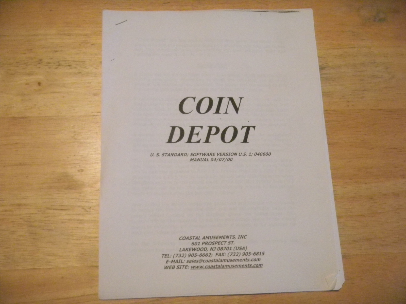 COIN DEPOT COASTAL AMUSEMENTS    ARCADE GAME  MANUAL