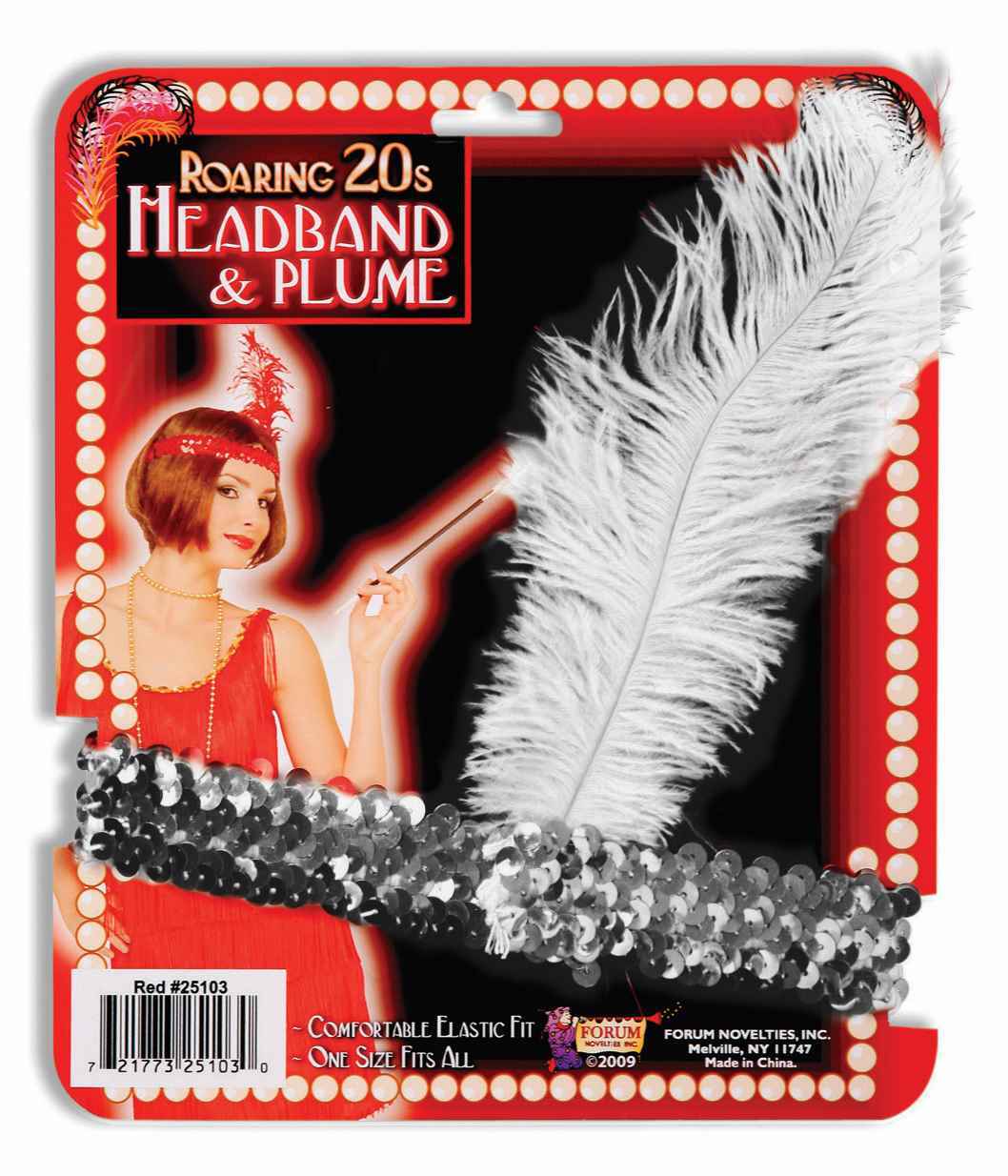 SILVER SEQUIN FLAPPER HEADBAND w/WHITE PLUME HALLOWEEN COSTUME ACCESSORY