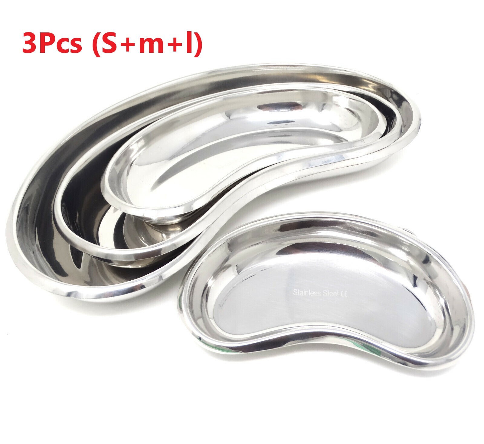 3 Pcs Dental Medical Kidney Dish Tray Shaped Curved Basin S+M+L Equipment Kits