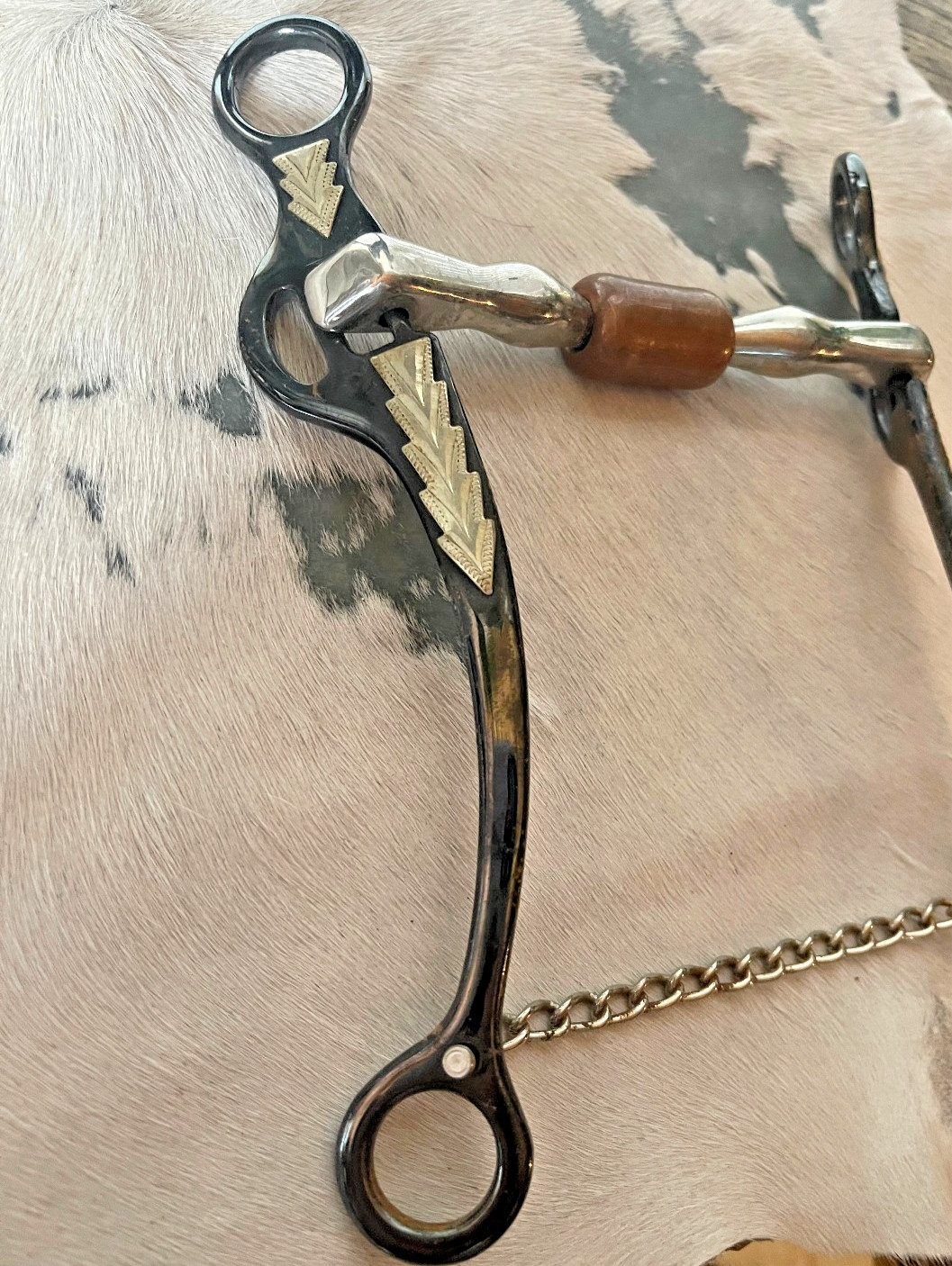 Long Shank Snaffle Bit Five and a half in Mouth Copper Roller chain Black Silver