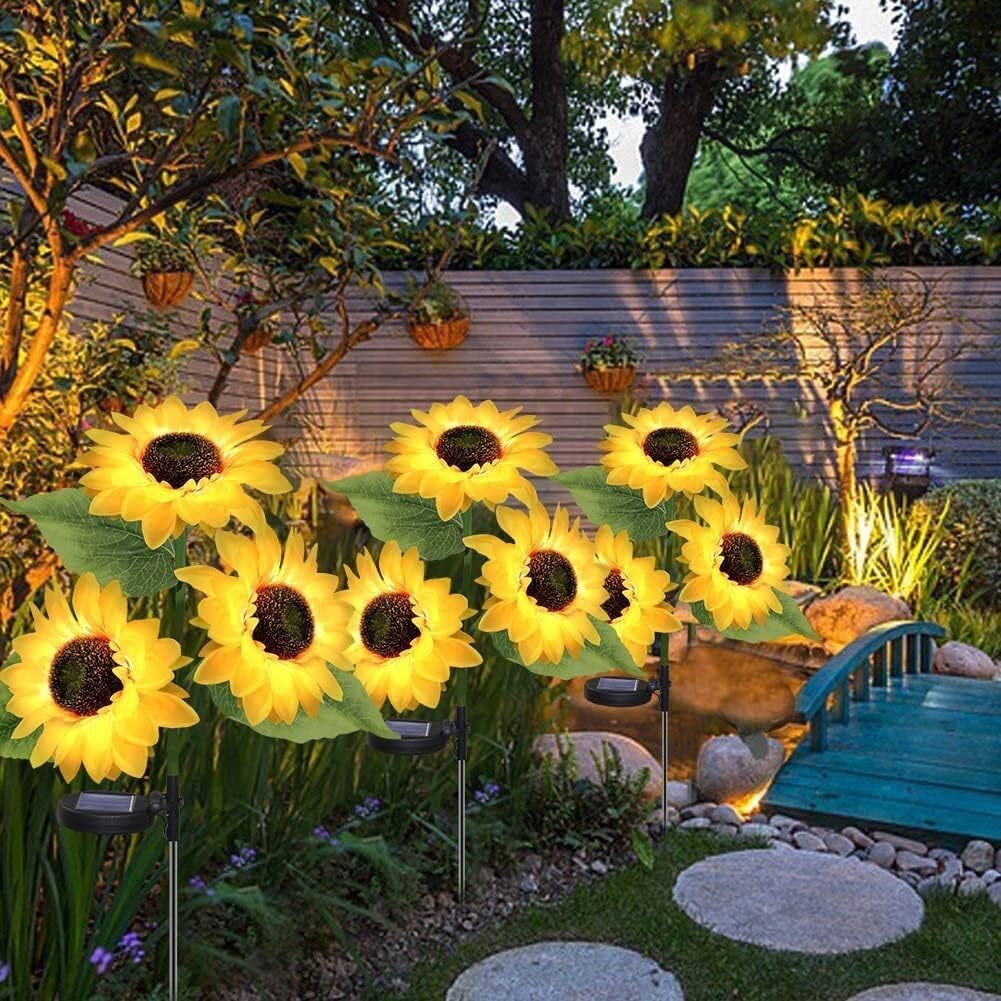 3 Lights Sunflower Solar Stake Lights Outdoor Waterproof Garden Yard Light Decor