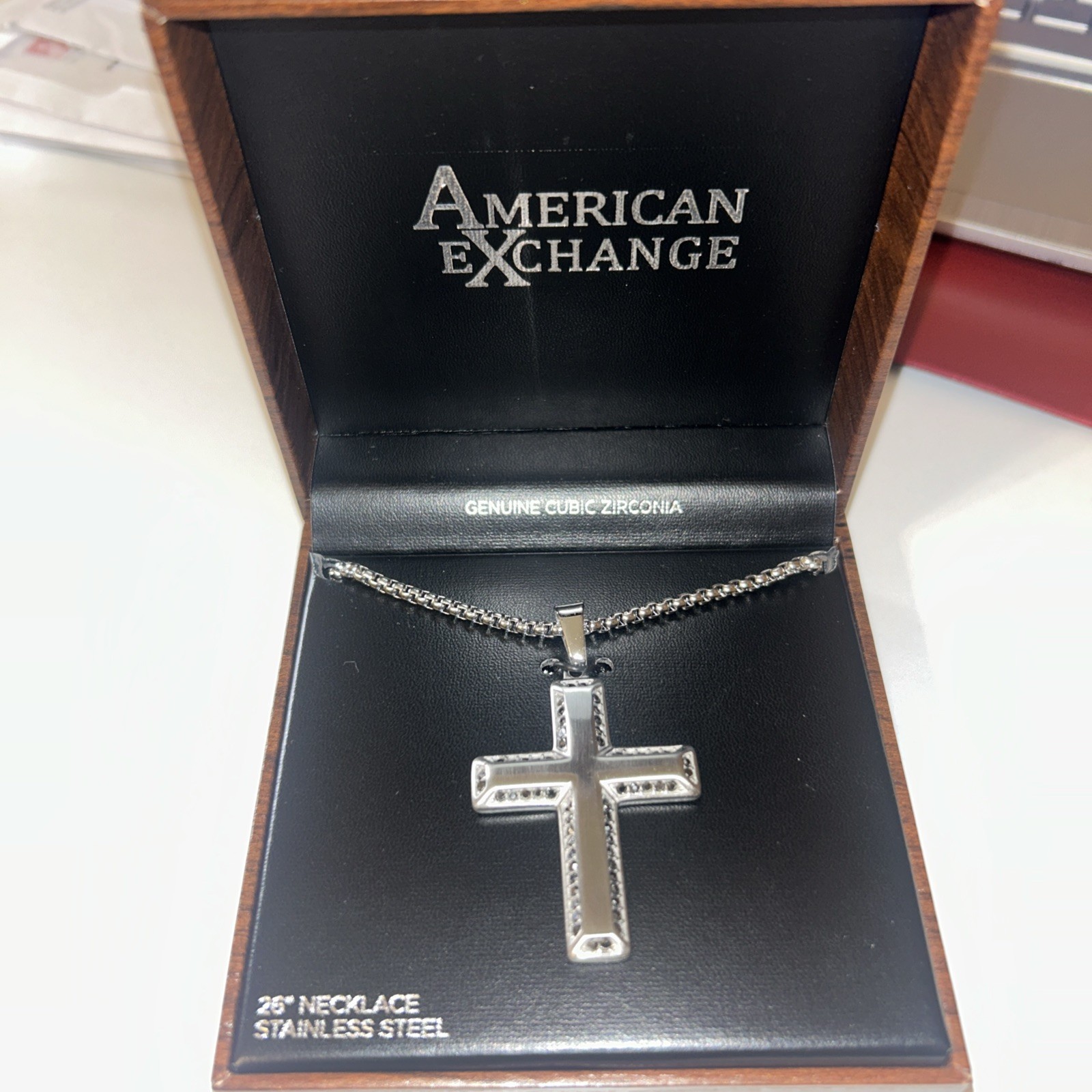 American Exchange Men's 26’ Stainless Steel Cross With Genuine Cubic Zirconia