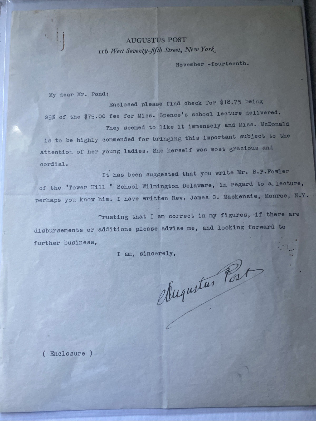 Augustus Post Signed Letter