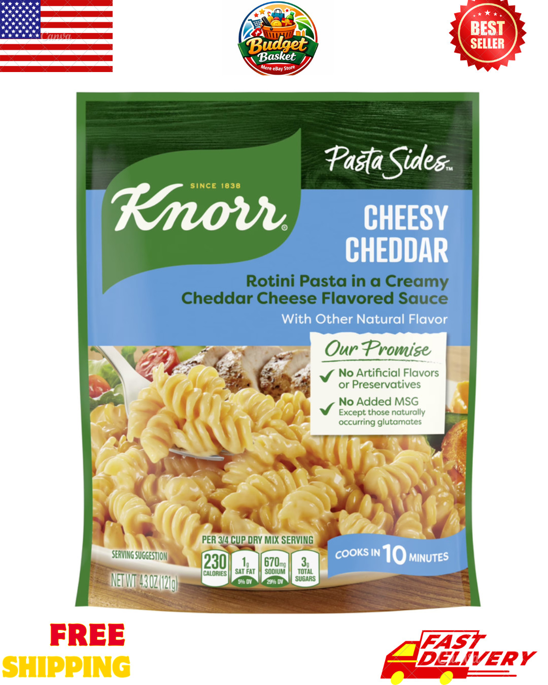Knorr Pasta Sides Cheesy Cheddar Rotini Pasta Made with No Artificial 4 PACK