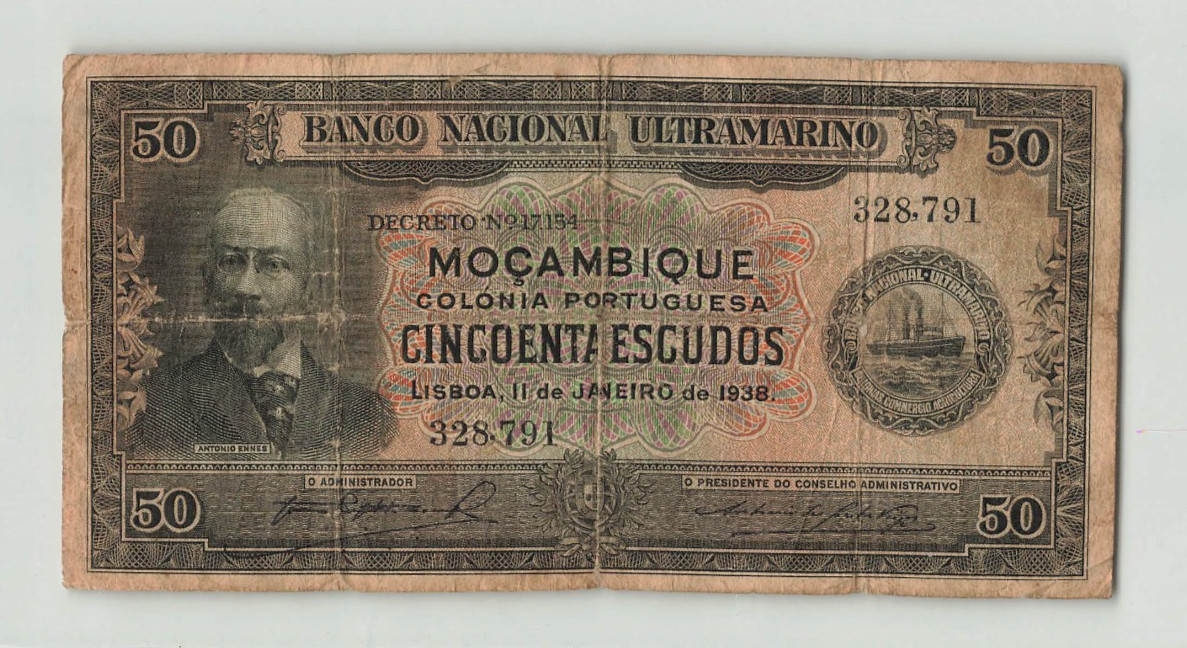 MOZAMBIQUE 50 Escudos 1938, P-75, Scarce Date/Type, 328,791, Original Fine. R4