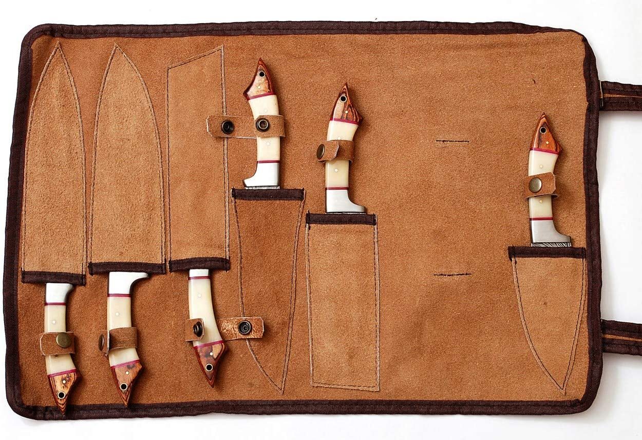 Custom made damascus steel kitchen/chef's knife set with leather roll bag DR-61