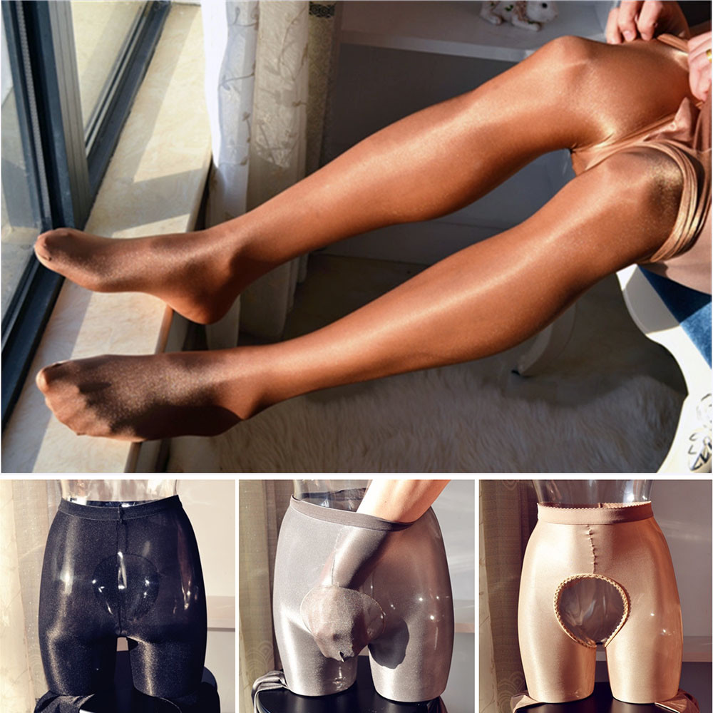 70D Men Super Shiny Pantyhose Sheer Pouch Stockings Open Crotch Tights Underwear