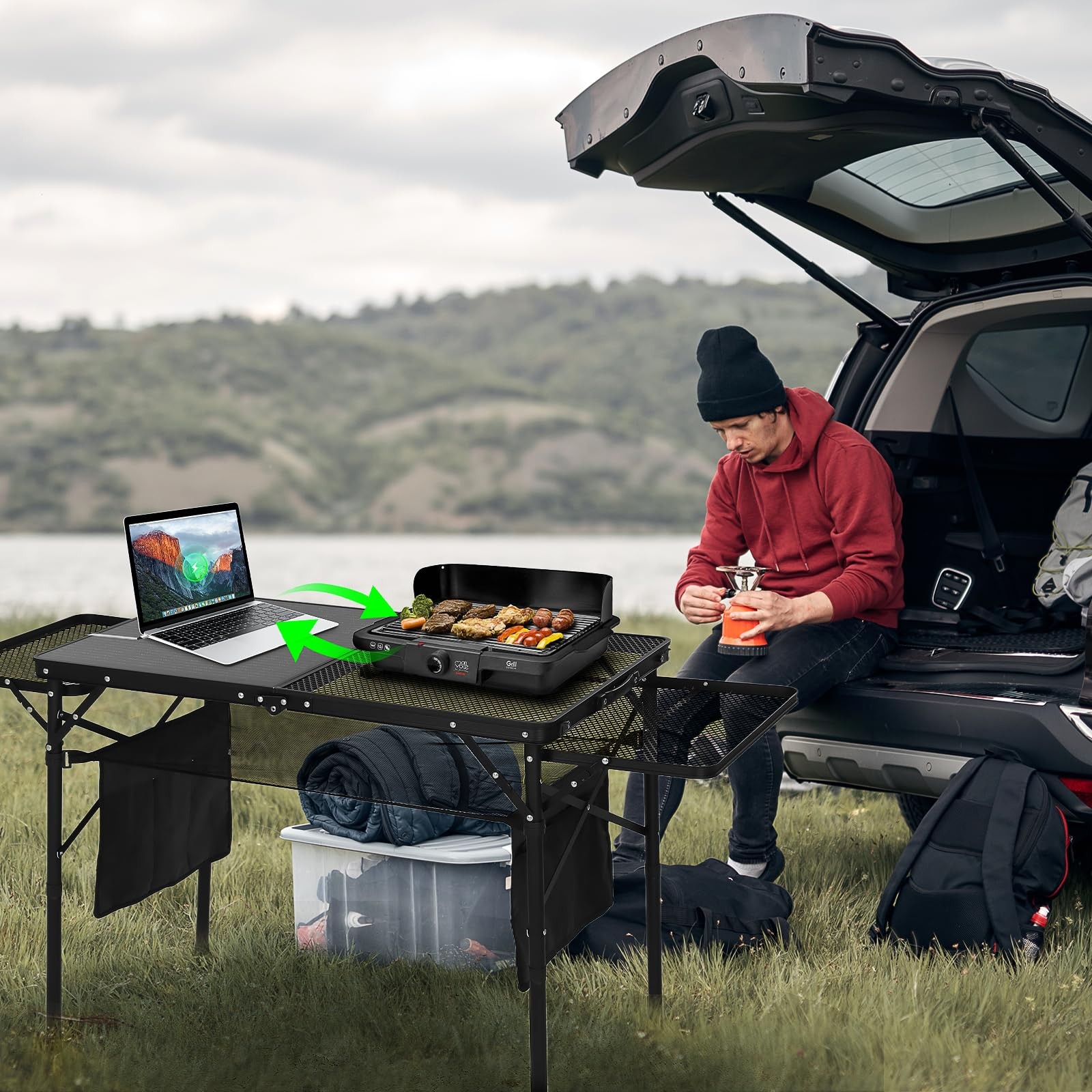Nice C Camping Table with Solar Charger, Side Shelves, Mesh Net & Cup Holders