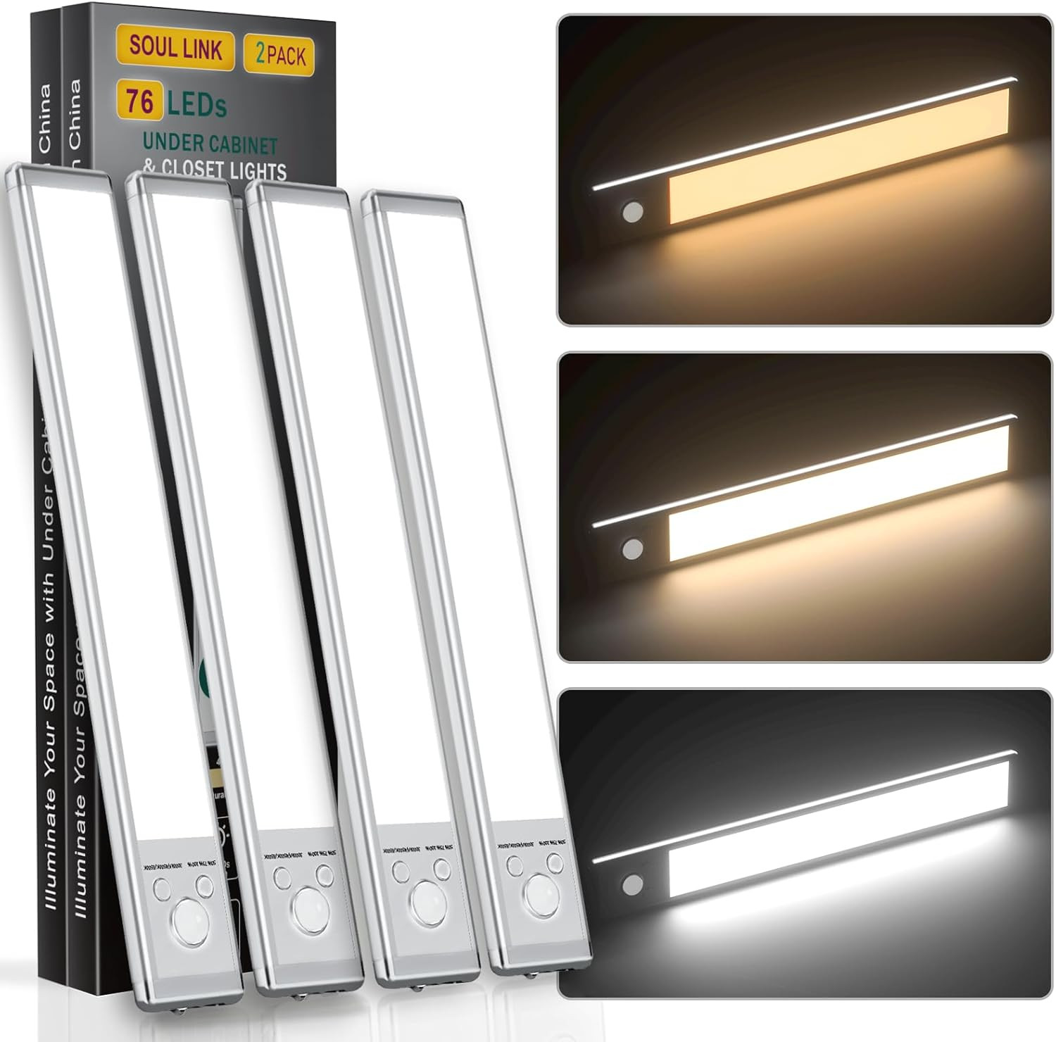 under Cabinet Lights, 76 LED Operated Motion Sensor Light Indoor, 1500Mah USB Re