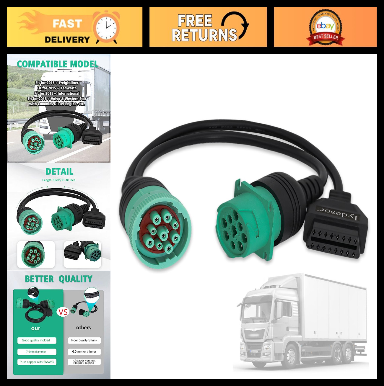 9 Pin J1939 to OBD2 Female Adapter Cable for Truck Diagnostic Scanner, Y Cable f