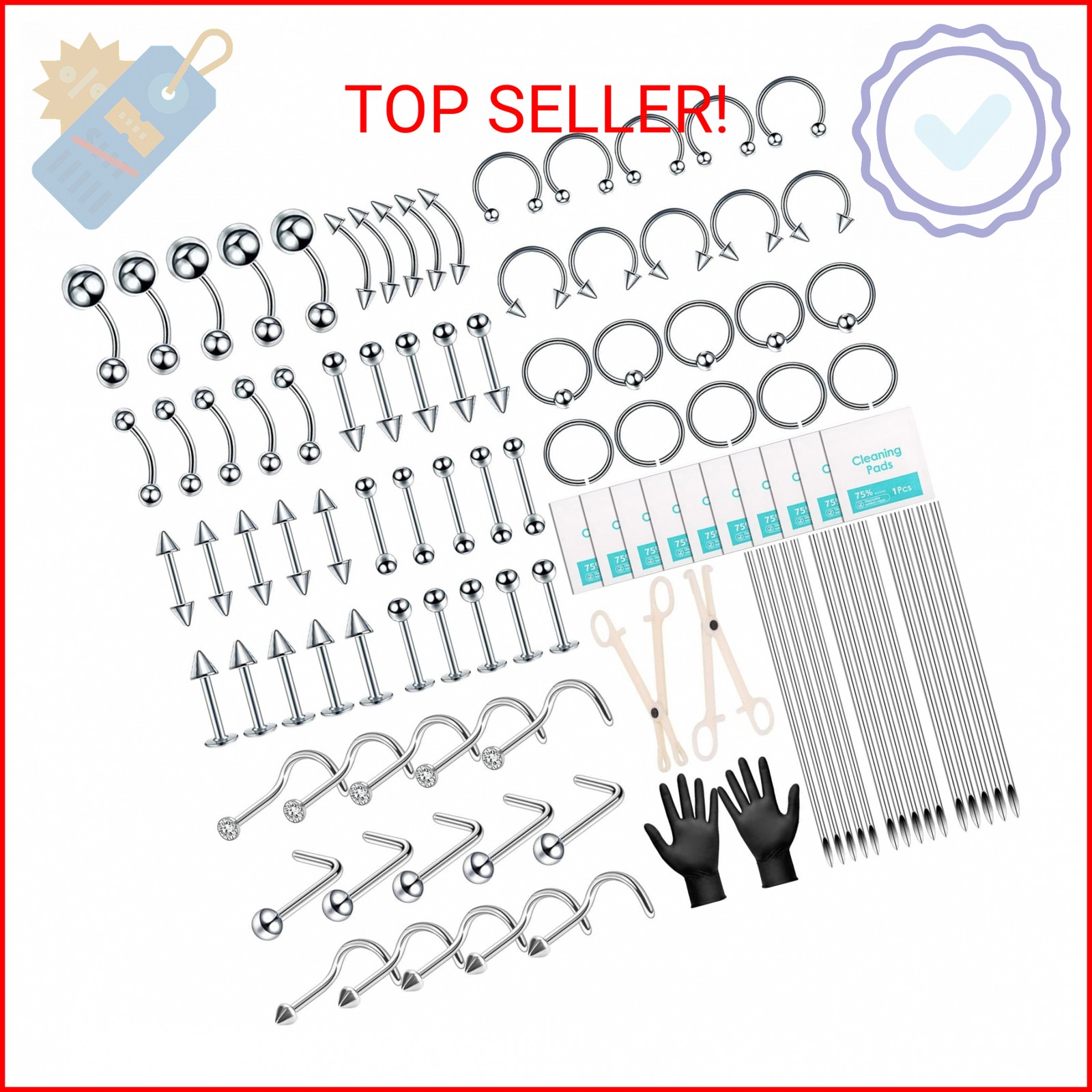 104PCS Body Septum Piercing Kit with 14G/16G/20G Piercing Needles Piercing Jewel