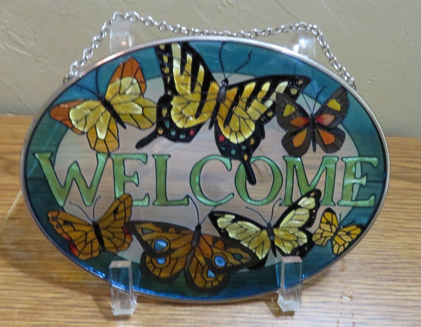 OVAL GLASS PAINTED SUNCATCHER BUTTERFLIES SWALLOWTAIL WELCOME 7 X 5"
