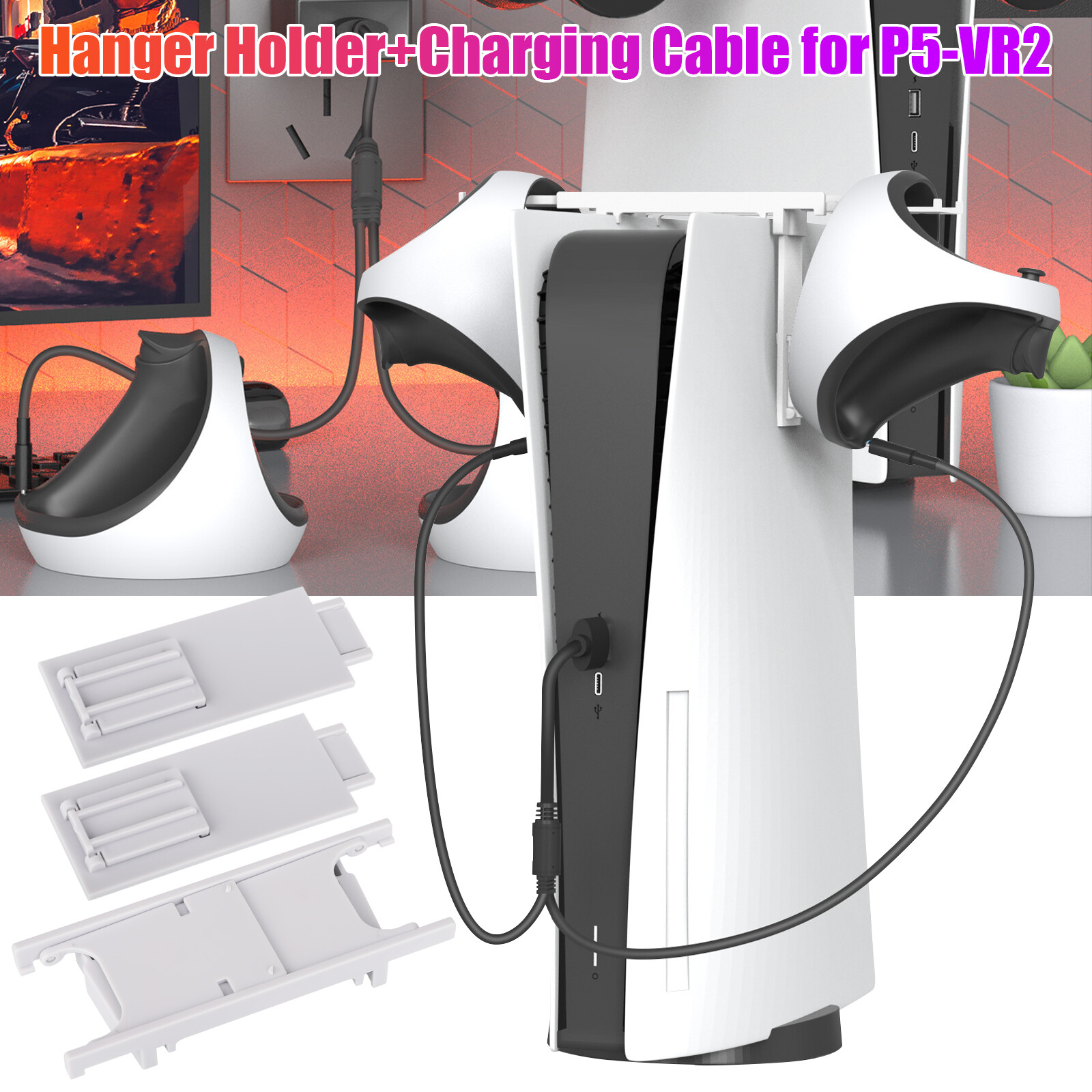 For PSVR 2 Headset Stand for PlayStation 5 Controllers Holder w/Charging Cable