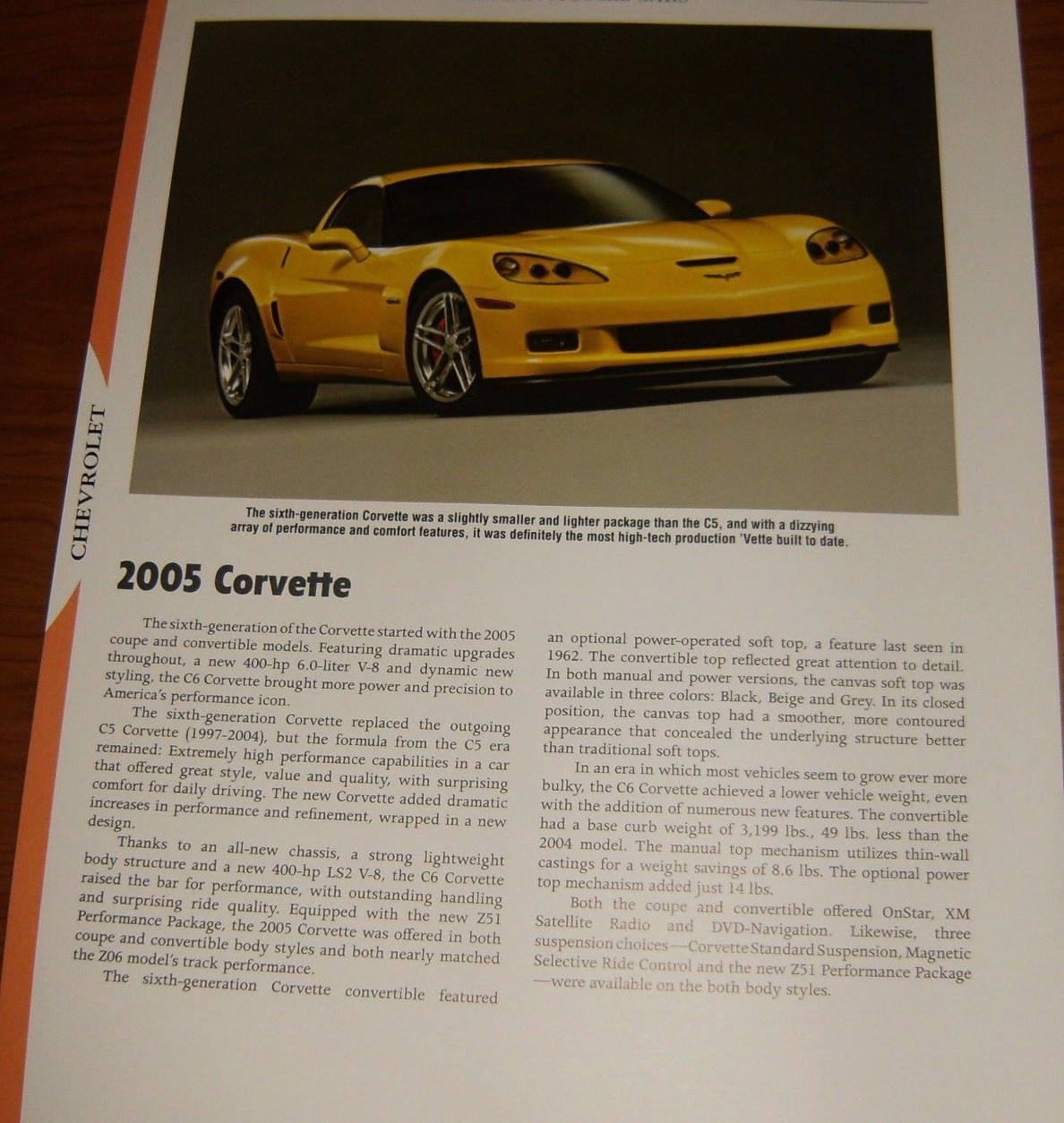 2005 CHEVY CORVETTE SPECS INFO PHOTO 05 C6 Z51 LS2 LS-2 YELLOW