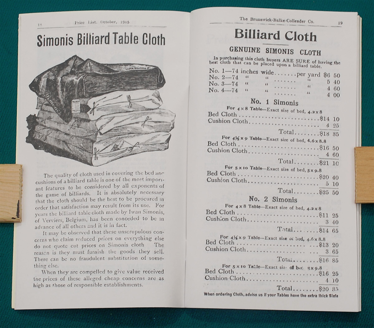 Reproduction of Rare 1905 BBC Billiard Price List/Catalog No. 1488