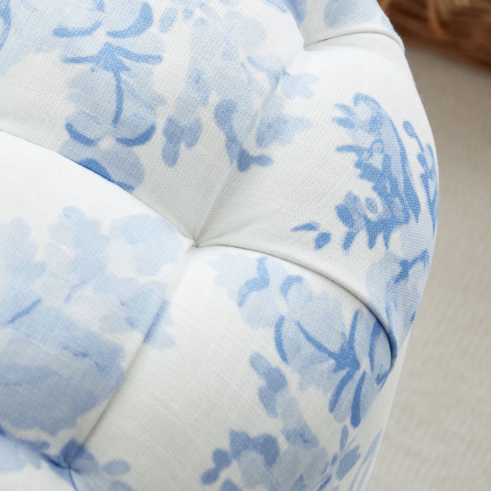 LoveShackFancy Tufted Round Storage Ottoman - Garden Damask Blue
