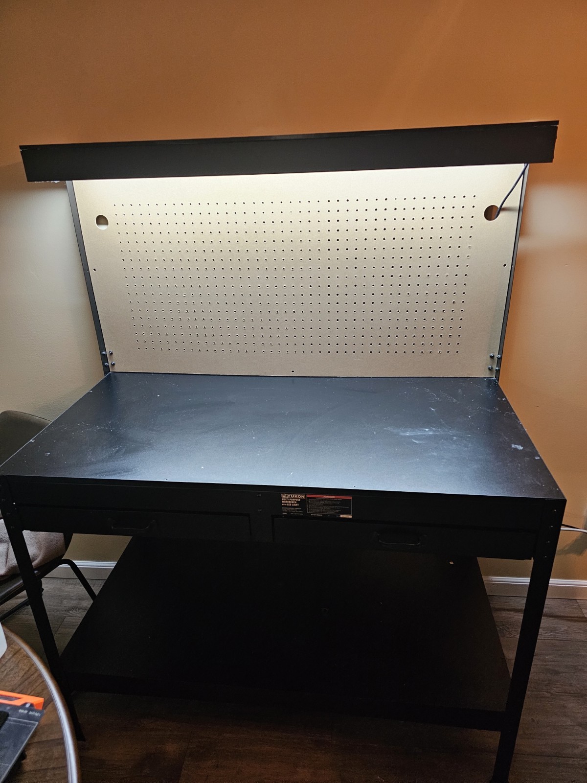 Black Metal Assembly Workstation with Pegboard, Drawers, Shelf, Integrated Light