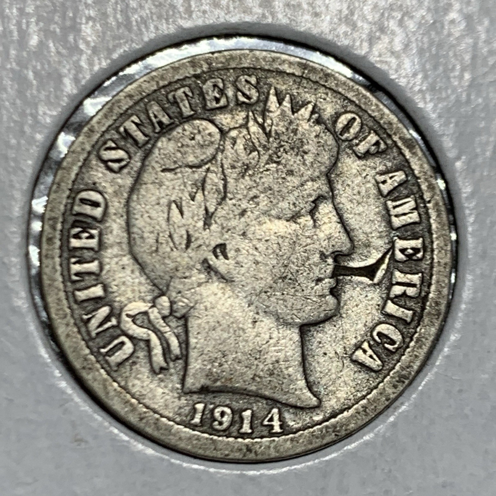 1914 BARBER DIME ~ "STRUCK THROUGH" ERROR! VG-FINE!