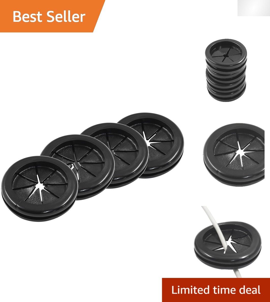 Versatile 4-Piece Black Rubber Desk Hole Grommets - Ideal for Organizing Cables