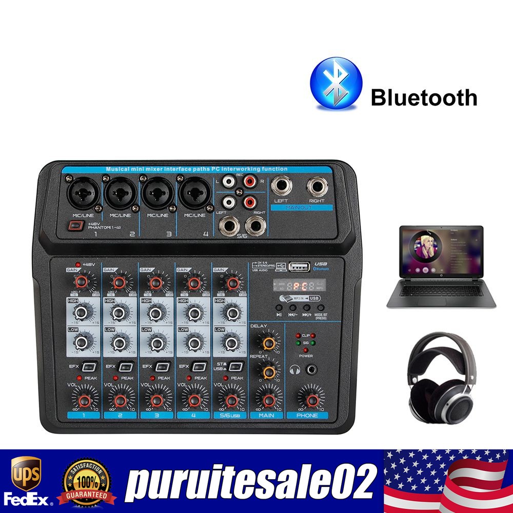 6 Channel Live Studio Audio Mixer USB Bluetooth DJ Sound Mixing Console Amplifie