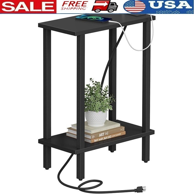 End Table W/ Charging Station AC USB Ports Storage Easy Assembly