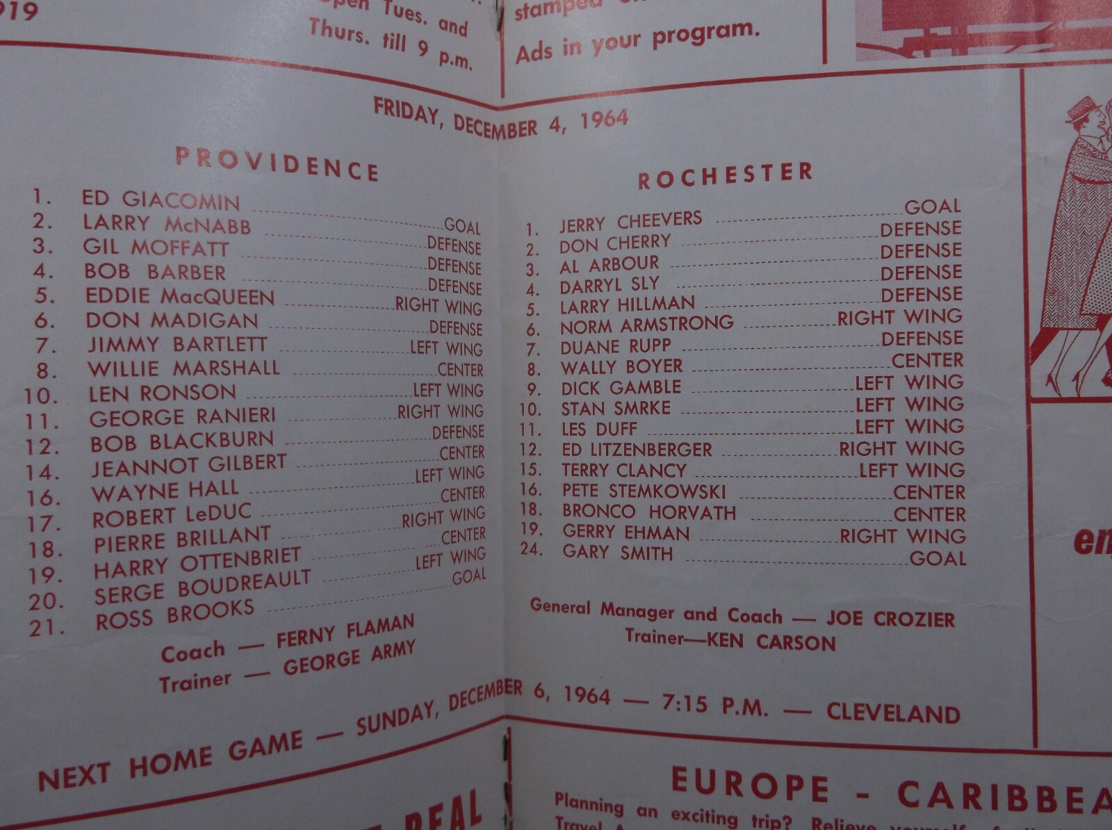 ROCHESTER AMERICANS vs Providence Program December 04, 1964